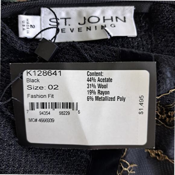 NEW ST. JOHN Evening Black Knit Cocktail Dress Gold Lace V-neck Sz 2 $1495 - Picture 5 of 12